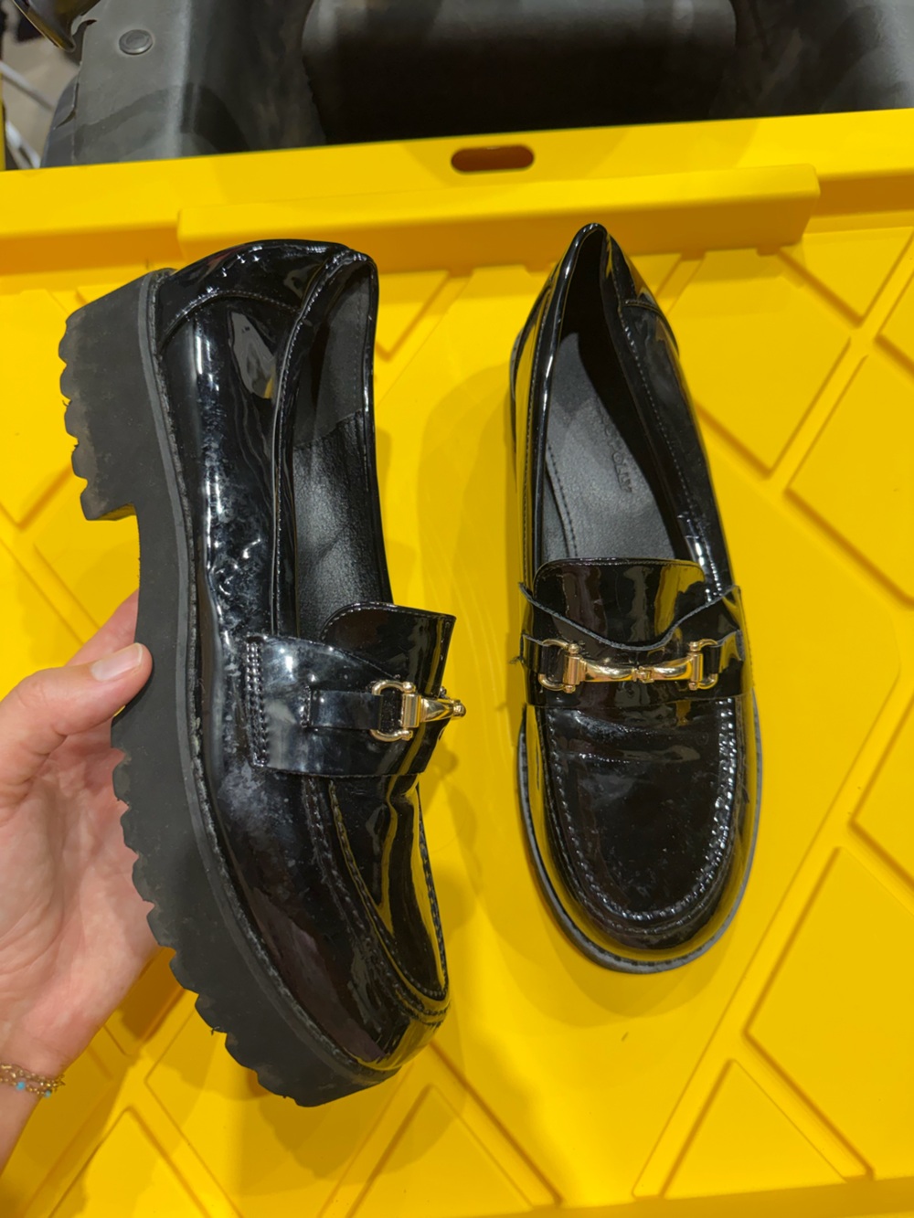 Princess Polly Black Patent Leather Womens Loafer with Gold Bit Hardware